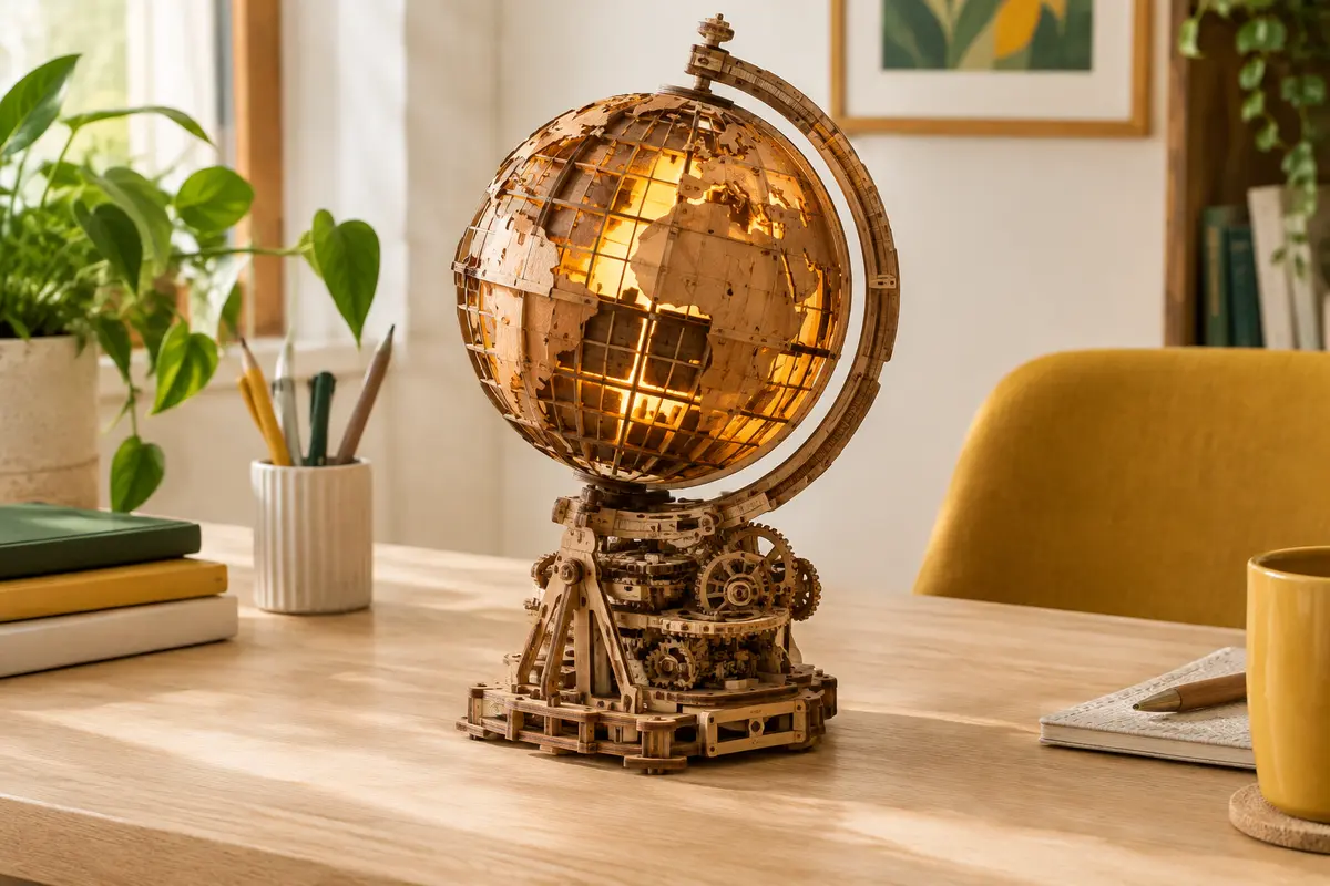 Globe puzzle 3D en bois brun assemblé, posé sur un bureau et éclairé par une lumière LED douce.