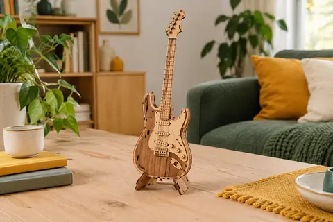 Maquette puzzle 3D en bois brun assemblée en forme de guitare électrique, posée sur une table claire.
