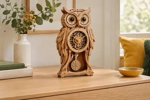 Horloge hibou en bois assemblée avec son pendule, posée sur un meuble clair dans un intérieur accueillant.