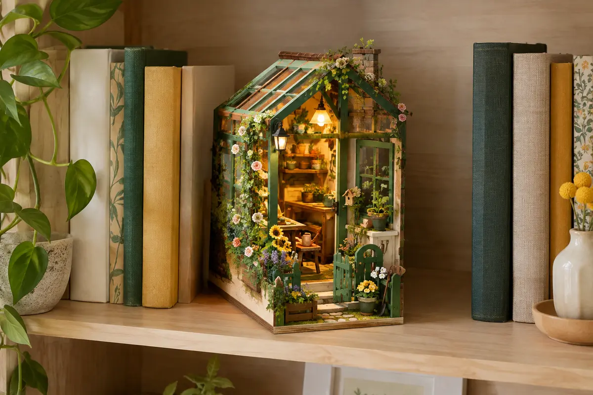 Book nook miniature vert représentant une serre fleurie illuminée, posé entre des livres sur une étagère