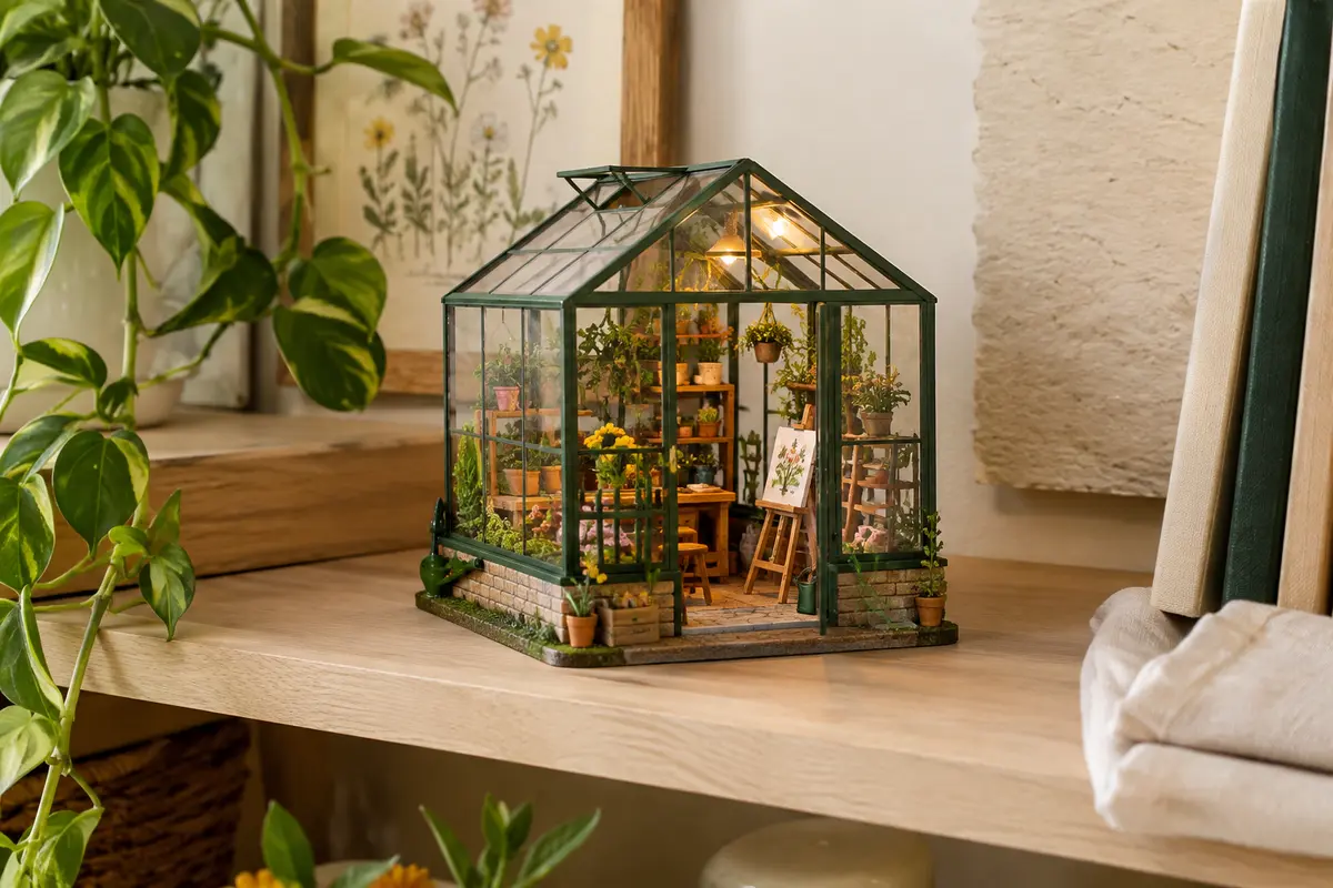 Maquette miniature de serre fleurie Rolife avec paroi transparente et éclairage LED, exposée sur une étagère en bois clair.