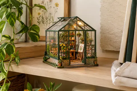 Maquette miniature de serre fleurie Rolife avec paroi transparente et éclairage LED, exposée sur une étagère en bois clair.