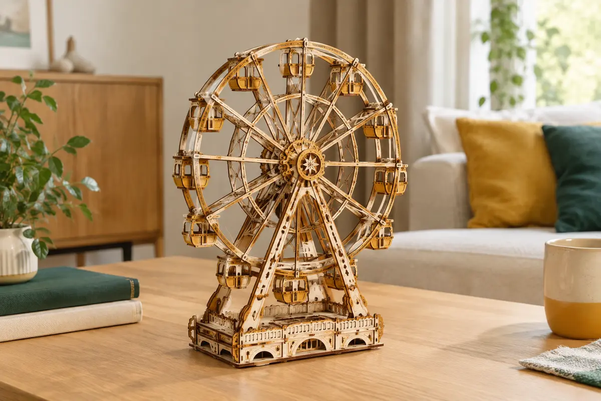 Maquette en bois dorée de grande roue rétro, puzzle 3D Rolife assemblé et exposé sur une table.