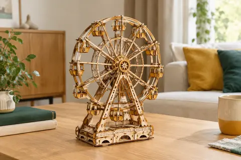 Maquette en bois dorée de grande roue rétro, puzzle 3D Rolife assemblé et exposé sur une table.
