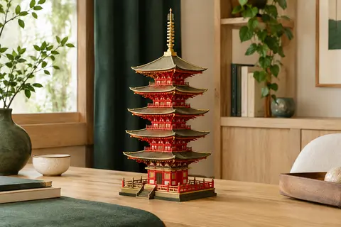 Maquette en bois rouge et or représentant une pagode japonaise à cinq étages, posée en intérieur.
