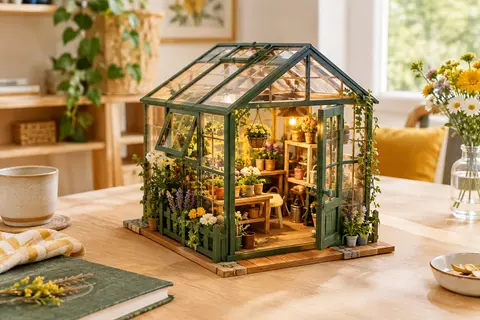 Maquette miniature de serre fleurie en bois vert, avec fleurs, étagères et éclairage LED chaleureux.