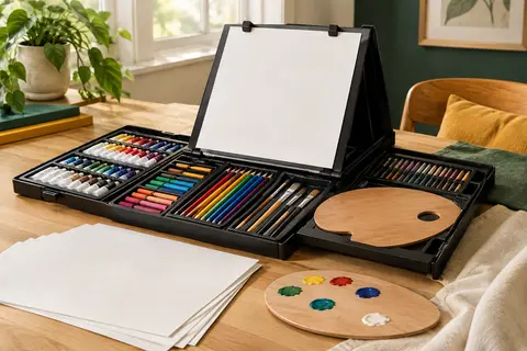 Coffret d’artiste multicolore ouvert en chevalet de table, entouré de peintures, pastels et pinceaux.