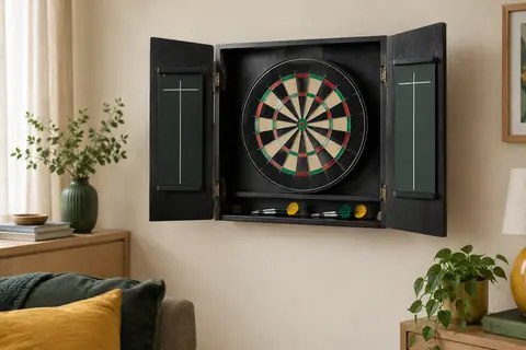 Armoire noire en bois ouverte avec une cible à poils ronde et des panneaux de score intégrés