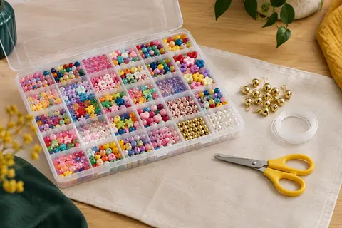 Coffret ouvert de perles colorées avec petites boîtes, fil élastique, clochettes et ciseaux