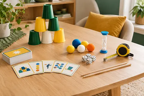 Jeu d’adresse Beat That avec cartes, jetons, gobelets et accessoires colorés sur une table claire