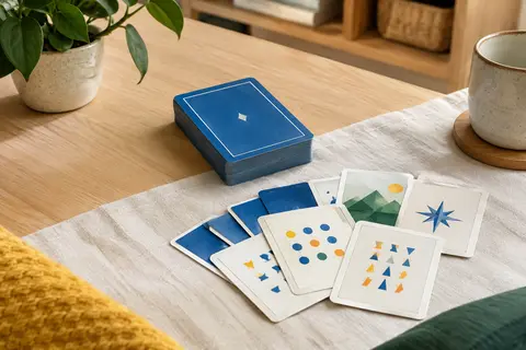 Boîte bleue de Ligretto accompagnée de cartes posées sur une table en bois clair.