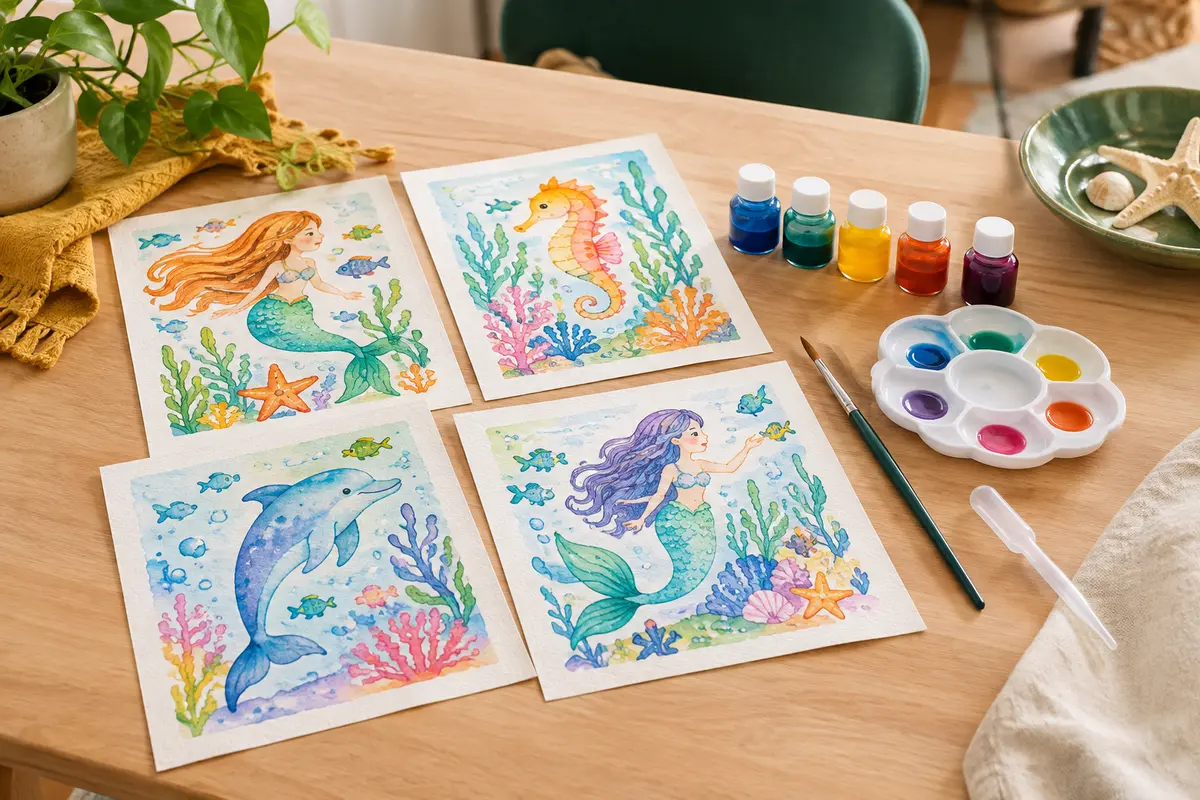 Kit de peinture Aquarellum Junior sirènes avec tableaux, flacons d’encres, pinceau, palette et pipette