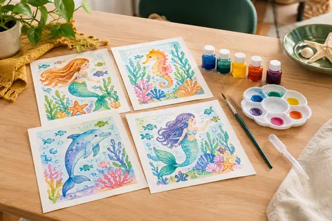 Kit de peinture Aquarellum Junior sirènes avec tableaux, flacons d’encres, pinceau, palette et pipette