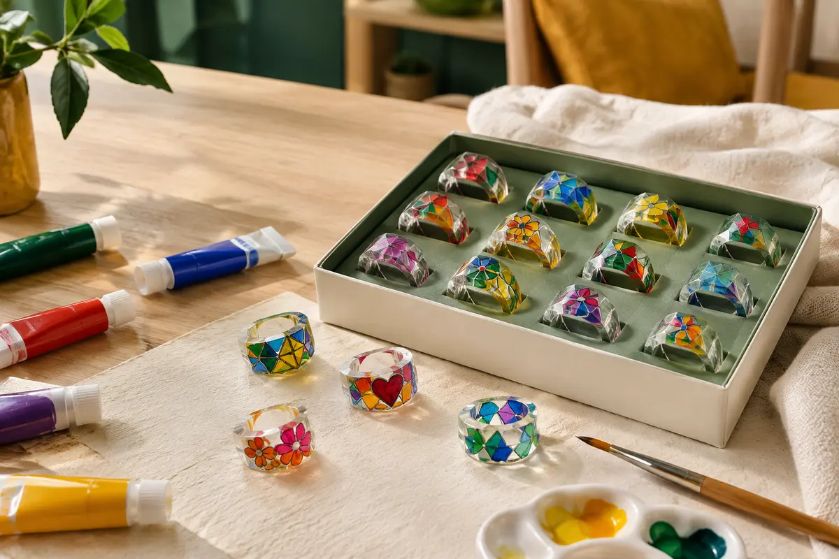 Bagues en plexiglas décorées de peinture vitrail multicolore avec des tubes de peinture à proximité