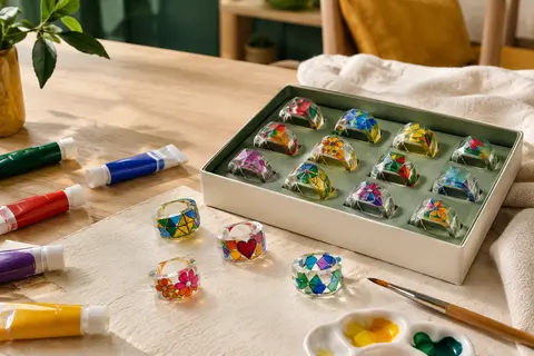Bagues en plexiglas décorées de peinture vitrail multicolore avec des tubes de peinture à proximité