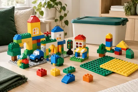 Grands blocs de construction multicolores avec deux plaques et une boîte de rangement à couvercle