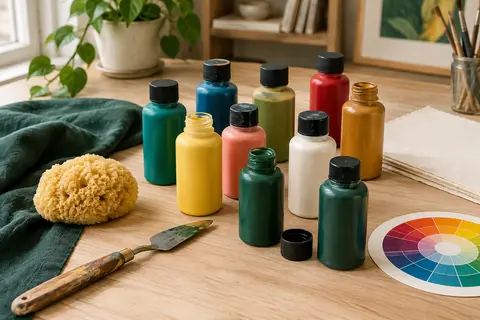 Douze flacons de peinture acrylique mate avec couteau à peindre, éponge et roue des couleurs sur une table claire.
