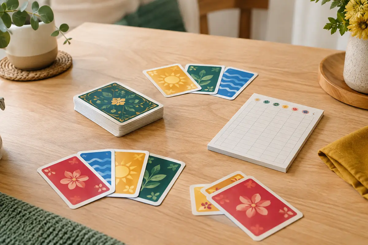 Cartes multicolores et bloc de score de SKYJO Action disposés sur une table en bois clair