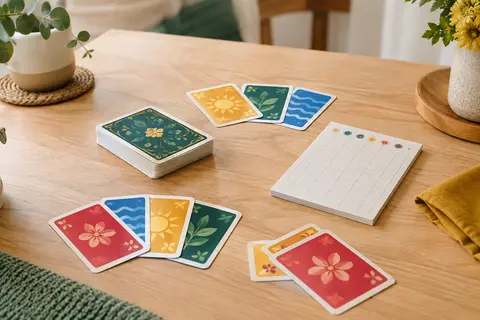 Cartes multicolores et bloc de score de SKYJO Action disposés sur une table en bois clair
