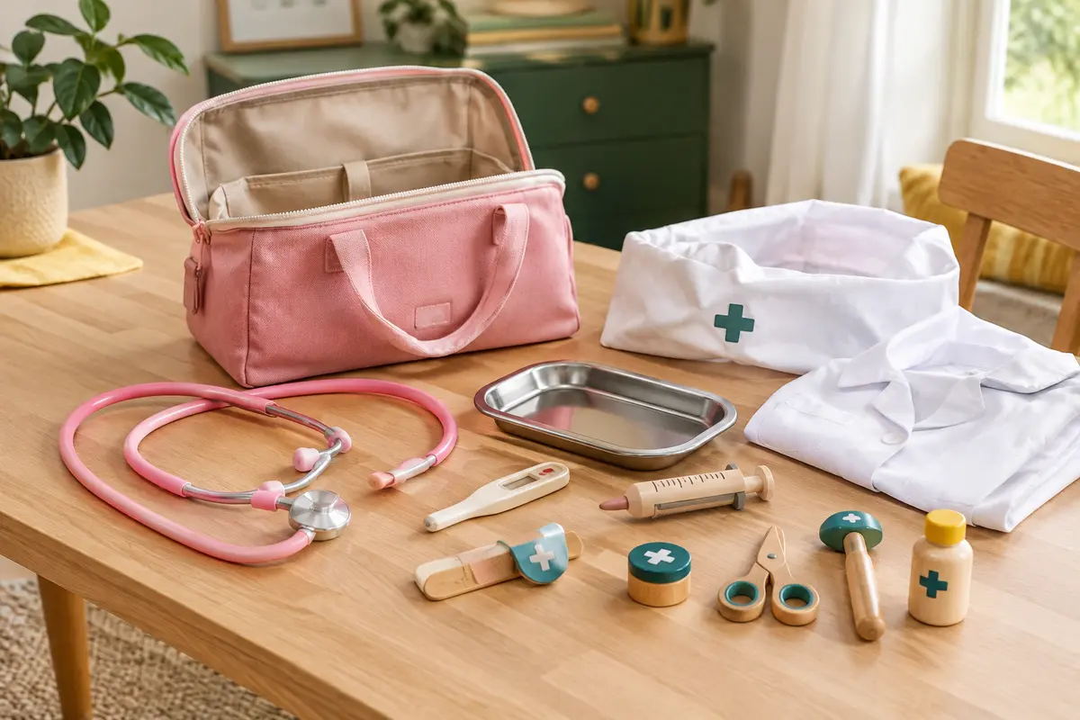 Mallette de docteur rose ouverte avec blouse, stéthoscope et accessoires de jeu sur une table en bois clair