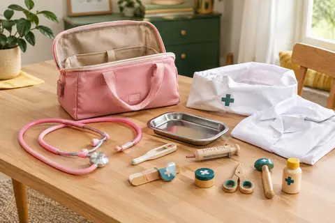 Mallette de docteur rose ouverte avec blouse, stéthoscope et accessoires de jeu sur une table en bois clair