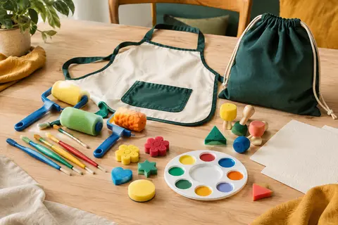 Kit de peinture éponge multicolore avec pinceaux, tampons, tablier et pochette sur une table claire.