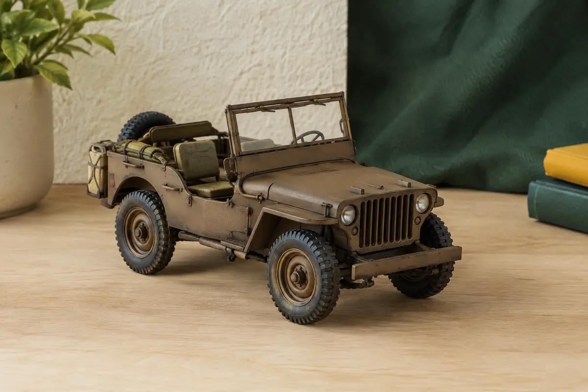 Maquette marron de Jeep SAS britannique à l’échelle 1:35 posée sur une table en bois clair