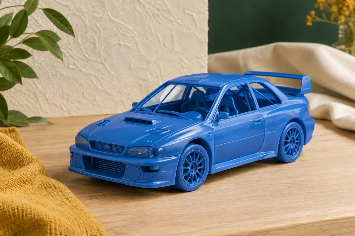 Maquette en plastique non peinte de la Subaru Impreza WRC 99 à l’échelle 1:24 sur une table en bois clair.