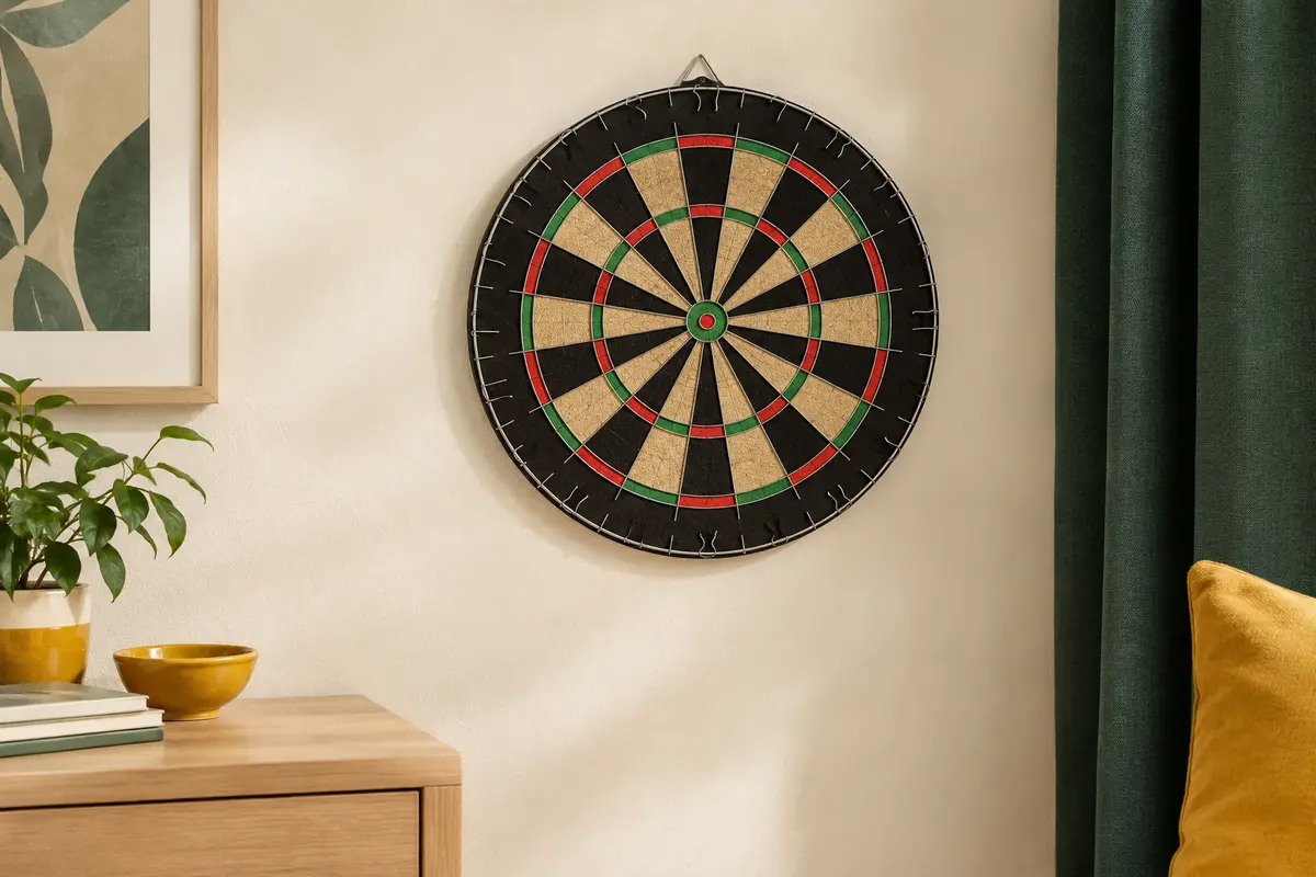 Cible ronde de fléchettes noire et rouge en sisal, présentée sur un mur clair dans un intérieur rangé.