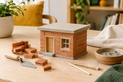 Maison de plage miniature en briques de terre cuite, accompagnée de quelques briques et outils de montage