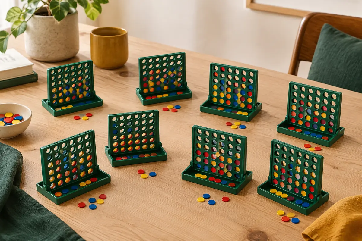 Huit mini jeux de quatre en ligne en plastique coloré, avec plateaux et pions, disposés sur une table en bois clair.
