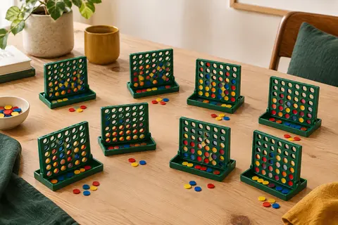 Huit mini jeux de quatre en ligne en plastique coloré, avec plateaux et pions, disposés sur une table en bois clair.