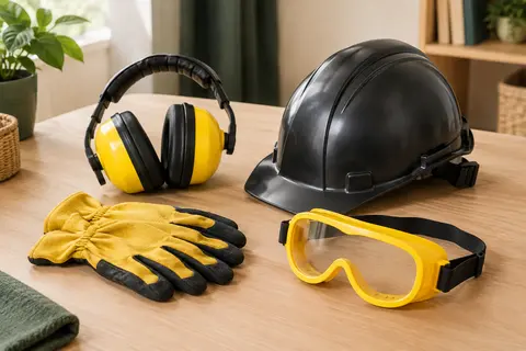 Kit de jeu d’imitation avec casque noir, protège-oreilles, gants et lunettes jaunes posé sur une table en bois clair.