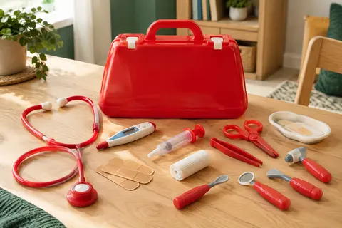 Mallette de docteur rouge Theo Klein ouverte avec ses accessoires de jeu médical disposés sur une table en bois clair.