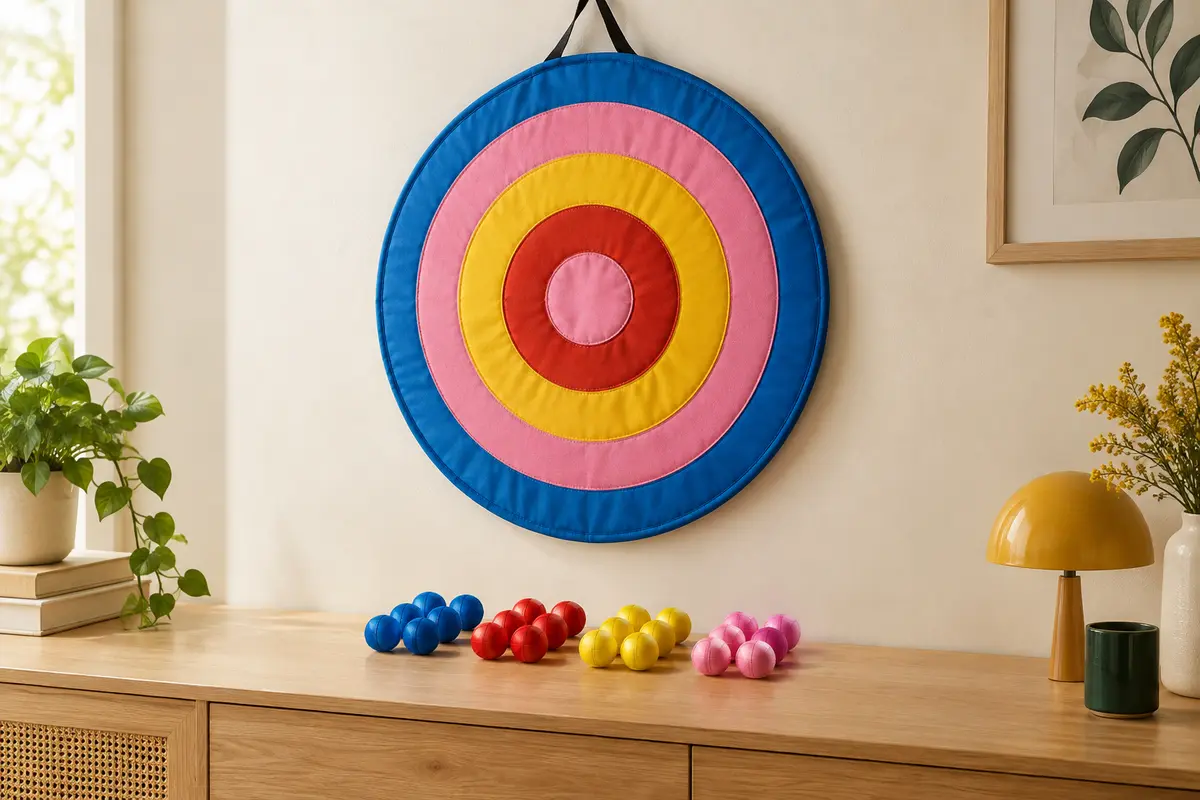 Cible ronde en tissu multicolore avec ses balles adhésives bleues, rouges, jaunes et roses
