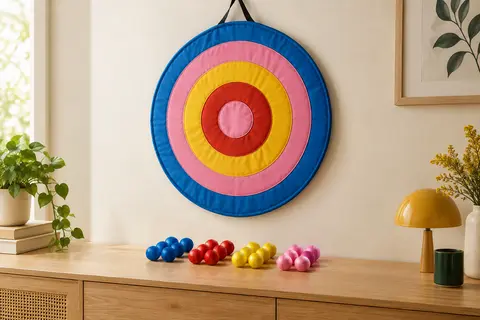 Cible ronde en tissu multicolore avec ses balles adhésives bleues, rouges, jaunes et roses