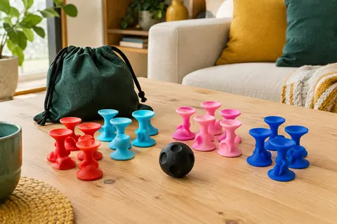 Fléchettes TOSSIT en silicone coloré et Jack noir disposés avec leur sac de transport sur une table
