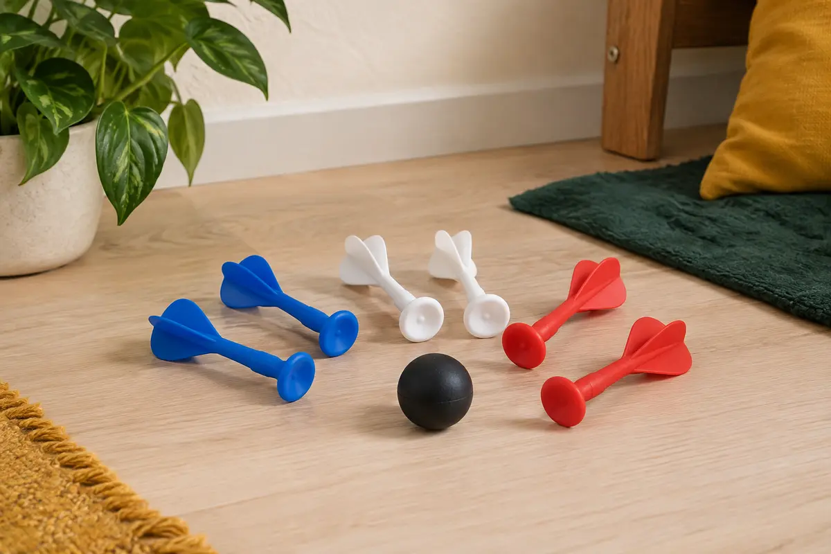 Fléchettes souples à ventouse bleu blanc rouge et Jack noir disposés dans un intérieur clair.