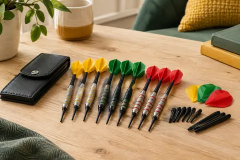 Neuf fléchettes à pointe souple et leurs accessoires rangés dans un étui noir sur une table claire.