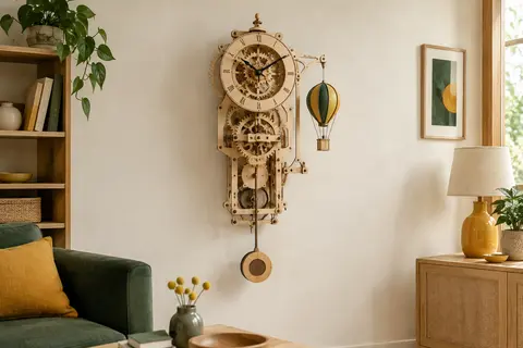 Horloge mécanique Ugears en bois avec pendule et engrenages visibles, montée en puzzle 3D mural
