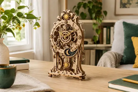 Maquette puzzle 3D en bois assemblée, représentant une horloge steampunk miniature à engrenages visibles.