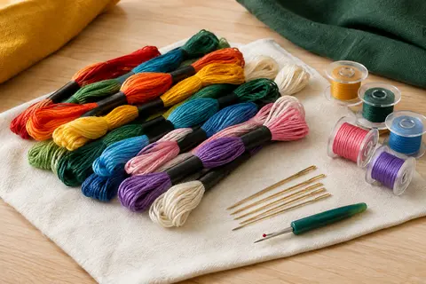 Échevettes multicolores de fil à broder avec bobines transparentes et aiguilles à œil doré.