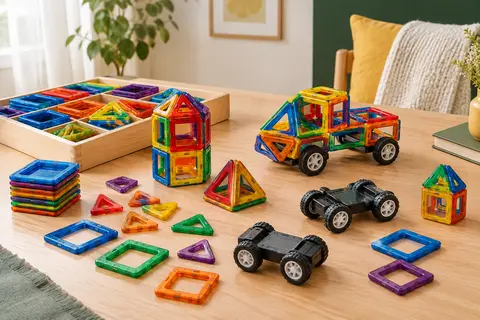 Tuiles de construction magnétiques multicolores et deux bases de voiture disposées sur une table en bois clair.
