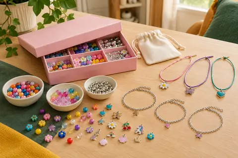Kit de bijoux WEVOL avec perles colorées, pendentifs fantaisie, bracelets argentés et colliers à cordon