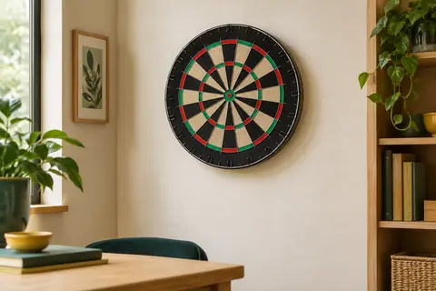 Cible de fléchettes ronde multicolore en sisal, fixée sur un mur clair dans une pièce rangée.