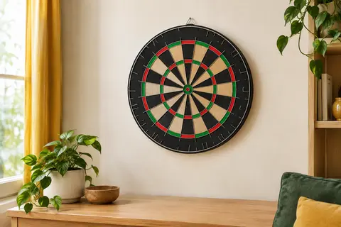 Cible ronde de fléchettes WINMAU en sisal multicolore installée sur un mur clair dans une pièce rangée.