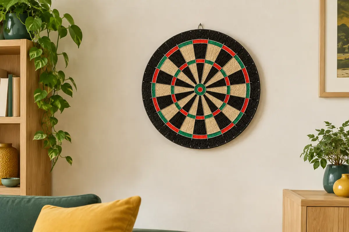 Cible ronde de fléchettes Winmau en sisal multicolore, avec câblage diamant et centre sans agrafes.