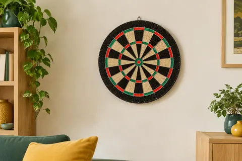 Cible ronde de fléchettes Winmau en sisal multicolore, avec câblage diamant et centre sans agrafes.