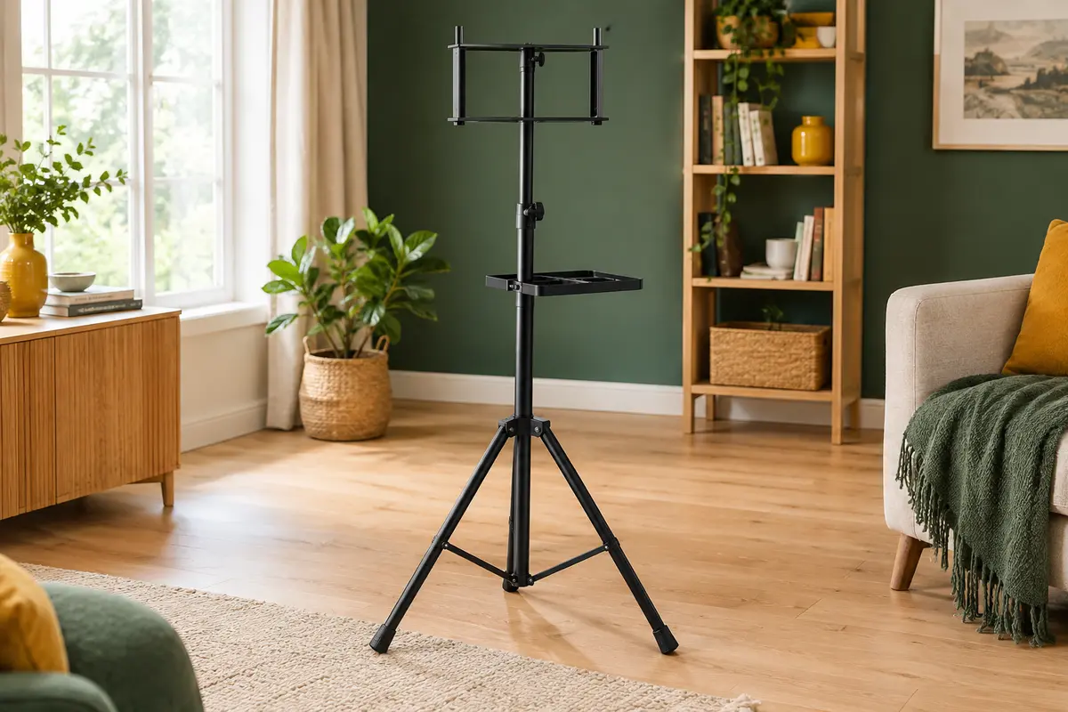 Support noir de cible de fléchettes avec trépied, tige télescopique et plateau à accessoires dans un intérieur lumineux