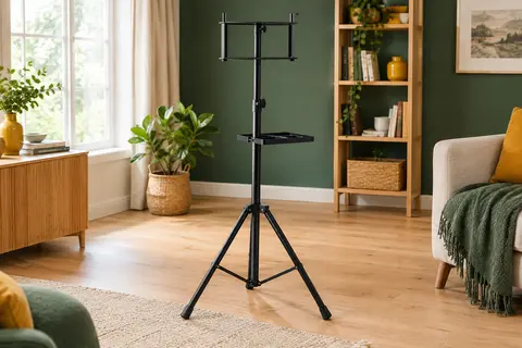 Support noir de cible de fléchettes avec trépied, tige télescopique et plateau à accessoires dans un intérieur lumineux